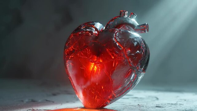 A glass heart sculpture glows warmly in a dark room, casting intricate light patterns. The heart is cracked, creating a dramatic and fragile look. Evening setting adds a mysterious mood.