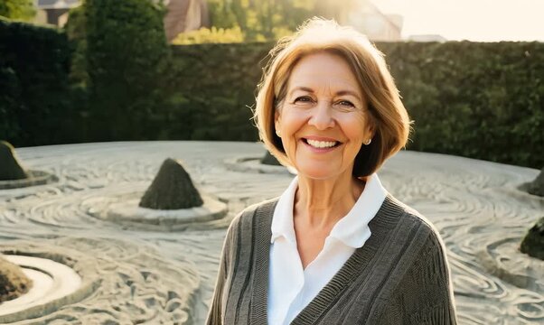 Medium shot portrait video of a pleased woman in her 50s that is wearing a chic cardigan against a zen rock garden with raked sand background
