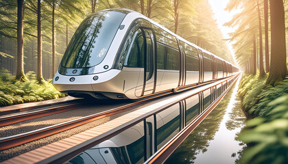 Naklejka premium A sleek, futuristic train glides through a lush forest
