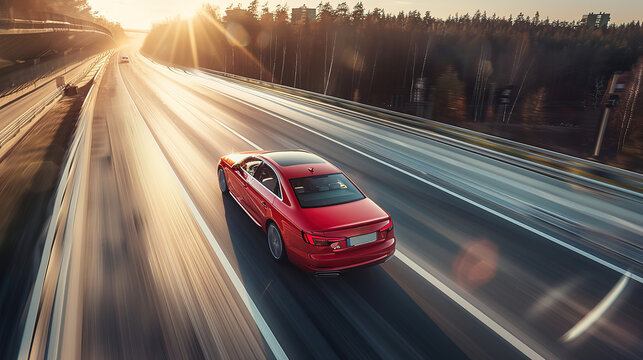 A red car sports car driving on the highway