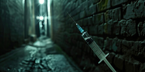 Unseen Assault: An empty alleyway, lit only by a faint streetlight, revealing a sinister-looking syringe.