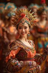 Vibrant Traditional Asian Dancer in Ornate Costume with Headdress, Celebrating Cultural Heritage at Festive Event