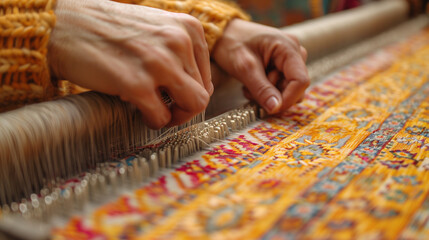 Close-Up of Weaver’s Hands Threading Yarn Through Traditional Loom