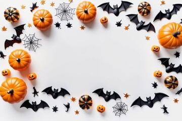 Orange pumpkins bats and autumn leaves frame festive Halloween frame on white background