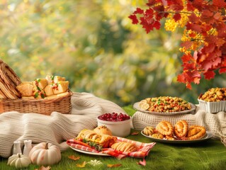A festive outdoor Thanksgiving picnic with a spread of traditional foods, blankets on the grass, and fall foliage creating a picturesque backdrop
