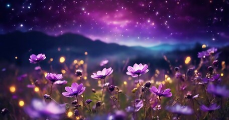 Wild flower field in the  night magical lights. Summer meadow. Fantastical fantasy background of magical purple dark night sky with shining bokeh lights copy space