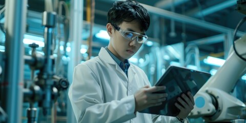 A scientist examining data on a tablet while wearing a lab coat, suitable for medical or research illustrations