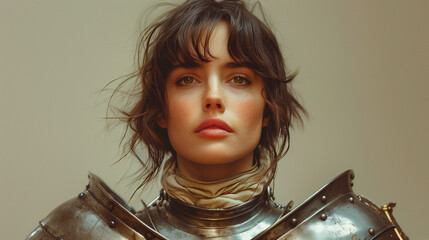 Bold Portrait of Joan of Arc in Medieval Armor with Determined Expression and Short Hair