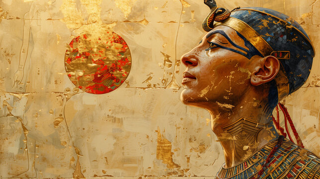 Illustrated Portrait of Akhenaten with Elongated Features and Royal Attire, Soft Gold Background with Amarna Period Artistic Elements