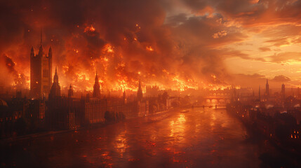 Depiction of the Great Fire of London: Flames Consuming Medieval Buildings