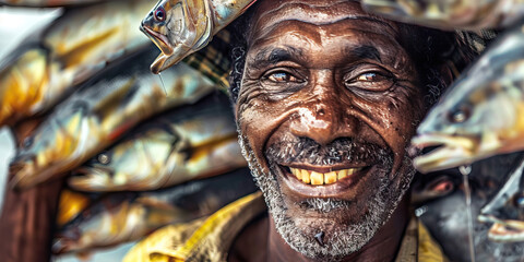 Obraz premium The Catch of the Day: A fisherman displaying a fresh catch, grinning ear to ear.