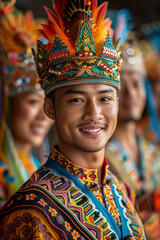 Vibrant Portrait of a Smiling Man in Traditional Colorful Tribal Attire and Ornate Headdress
