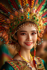 Portrait of a Smiling Woman in Traditional Colorful Headdress and Attire