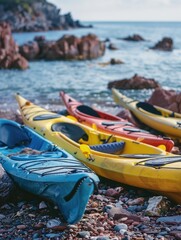 A group of kayaks situated on a rugged coastline, perfect for outdoor recreation and adventure