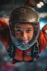 Excited Young Boy in Indoor Skydiving Gear Smiling Mid-Flight in Wind Tunnel