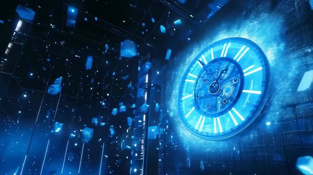 A luminous blue clock with intricate gears stands in the foreground, glowing brightly. Surrounding it are floating blue cubes, creating a high-tech, digital environment. The scene feels futuristic