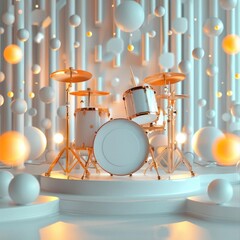 White drum set on a stage with abstract background.