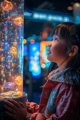 Young Girl Enchanted by Interactive Science Display at Futuristic Museum Exhibit with Illuminated Jellyfish