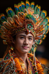 Young Man in Traditional Colorful Headdress with Feather Details and Intricate Design at Cultural Festival