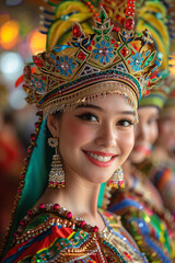 Smiling Traditional Asian Woman in Intricate Headdress and Vibrant Costume, Celebrating Cultural Heritage at Festival