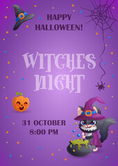 Fototapeta premium Happy Halloween template with amusing cartoon black cat is making witch's potion. Witches night. Place for text. Vector illustration.