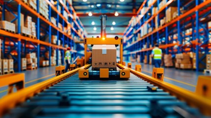 Warehouse with automated picking systems and conveyor belts, demonstrating the efficiency and technology used in modern industrial logistics, with copy space for text