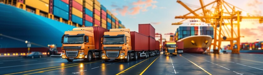 Busy shipping terminal with containers being loaded onto trucks and ships, illustrating the global scale of goods transportation and logistics, with copy space for text