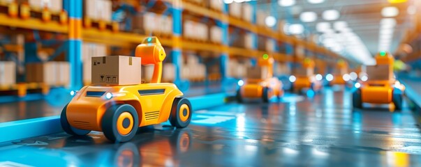 Fototapeta premium Warehouse management using advanced robotics to sort and move packages, illustrating the future of automated logistics, with copy space for text