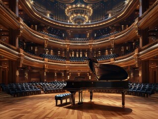 Grand piano on stage in a concert hall with wooden floor and rows of seats.