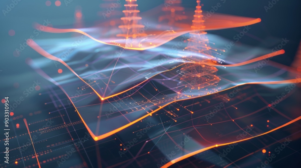 Poster 3D radar chart with multiple layers, illustrating performance metrics.
