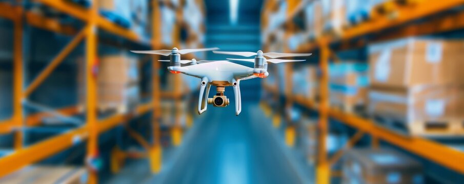Warehouse management using drones and AI for inventory management, showcasing the cutting-edge technology in logistics, with copy space for text