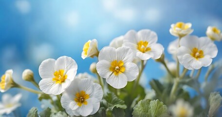 Obraz premium Spring forest white flowers primroses on a beautiful blue background macro. Blurred gentle sky-blue background. Floral nature background, free space for text. Romantic soft gentle artistic image 