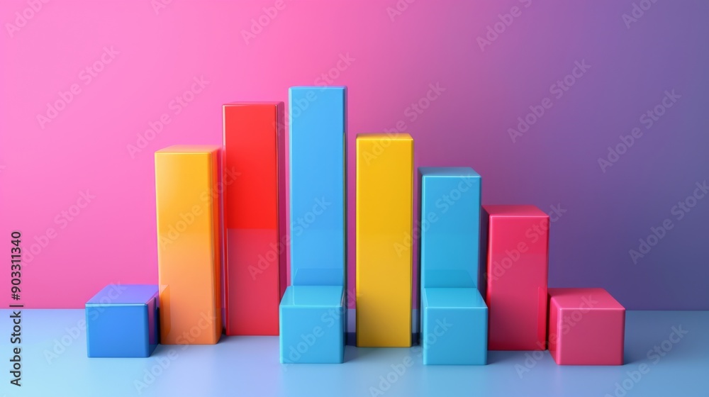 Poster 3D stacked bar graph with layered segments in contrasting colors, depicting data categories.