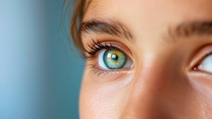 Close-up of a person with heterochromia, their unique eye colors highlighted, set against a soft, blurred background, with copy space for text
