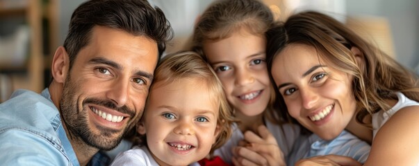 Fototapeta premium Portrait of a family with adopted children, showcasing their love and unity in a cozy home environment, with copy space for text