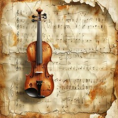 Fototapeta premium Vintage violin on old sheet music, music, instrument, classic, retro, artistic