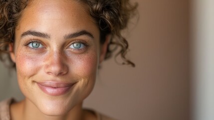 Close-up of a person with a visible birthmark, confidently displaying their unique feature, set against a neutral backdrop, with copy space for text