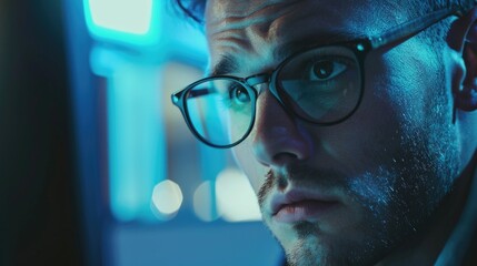 A close-up shot of a person wearing glasses