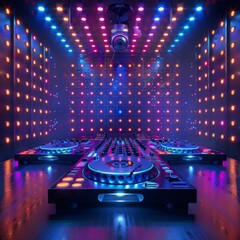 DJ setup in a colorful room with LED lights.