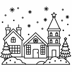 Fototapeta premium Christmas village with decorated house line art vector 