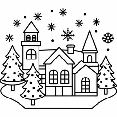 Christmas village with decorated house line art vector

