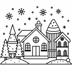 Christmas village with decorated house line art vector
