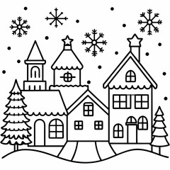 Fototapeta premium Christmas village with decorated house line art vector 