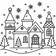 Christmas village with decorated house line art vector
