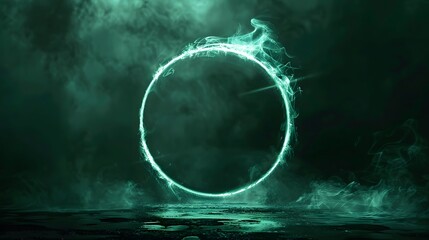 Bright glowing green circle on a black background with cool light and smoke effects.