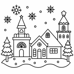 Christmas village with decorated house line art vector
