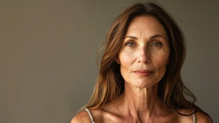 Naklejka premium A beautiful 50-year-old woman with smooth skin and a serene expression.