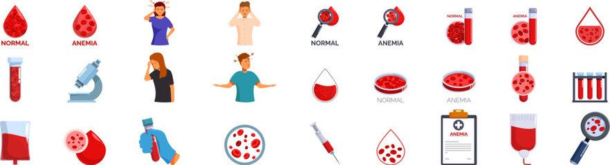 Aemia icons set. Medical set of icons representing anemia, showing symptoms, diagnosis and treatment of this disease