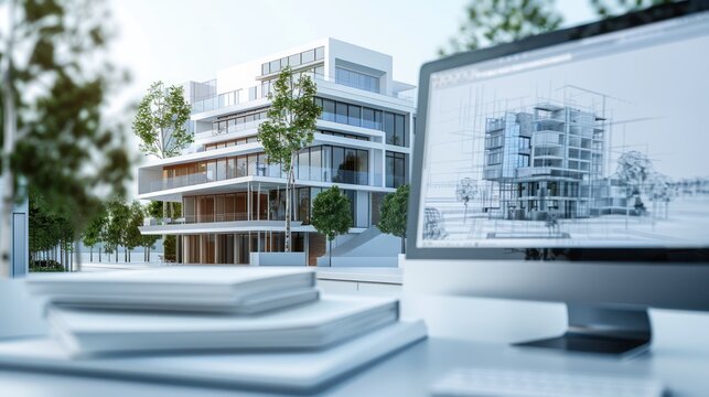 Architectural visualization software interface showing 3D building models