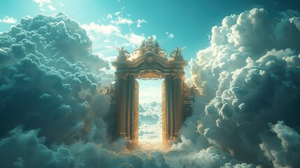 The Grand Golden Archway Emerges Through Soft White Clouds, Signifying Celestial Passage and Eternal Promise